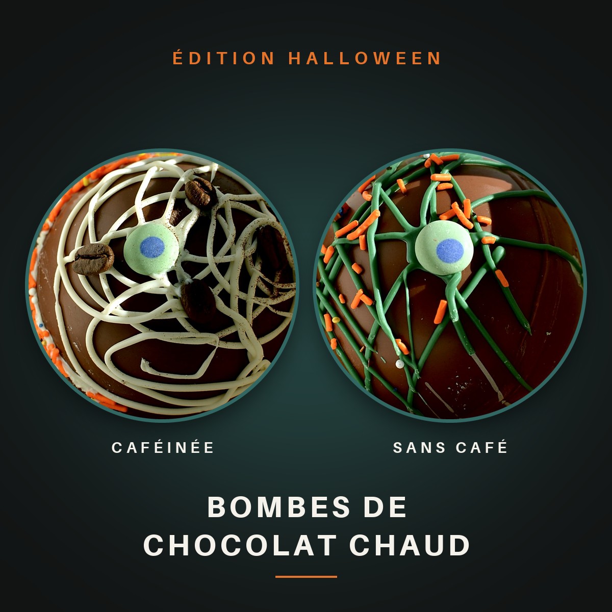 Bombes de chocolat chaud d’Halloween, produit vedette Bombes de chocolat chaud d'Halloween caféinée et sans café de Torréfacteur sans frontière