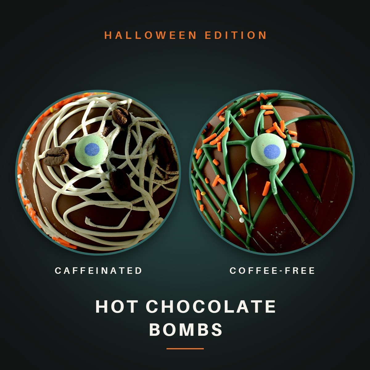 Caffeinated and coffee-free Halloween hot chocolate bombs by Torréfacteur sans frontière